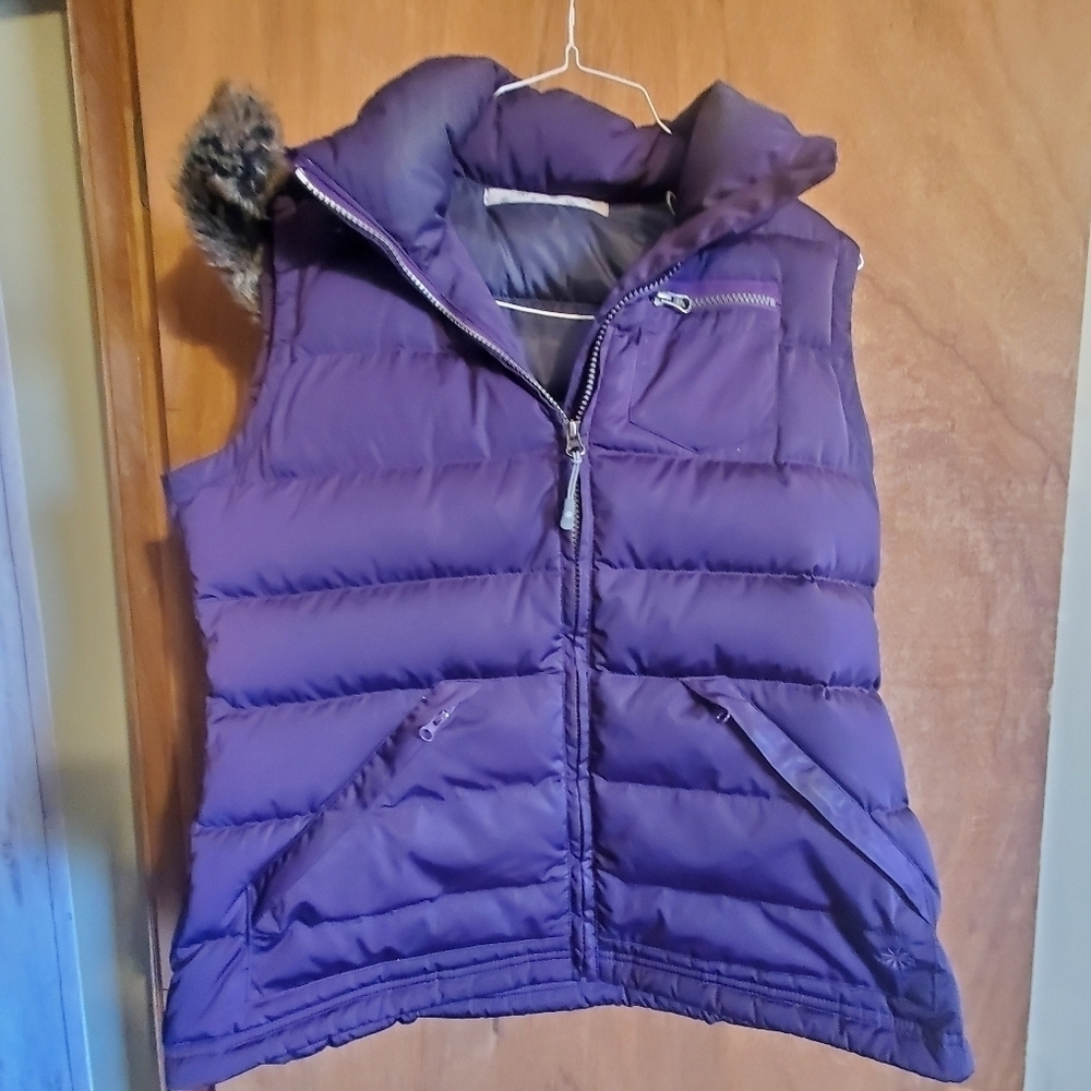 Athleta  dark purple.  Zip up. Goose down.  Hooded fur vest.  S/m